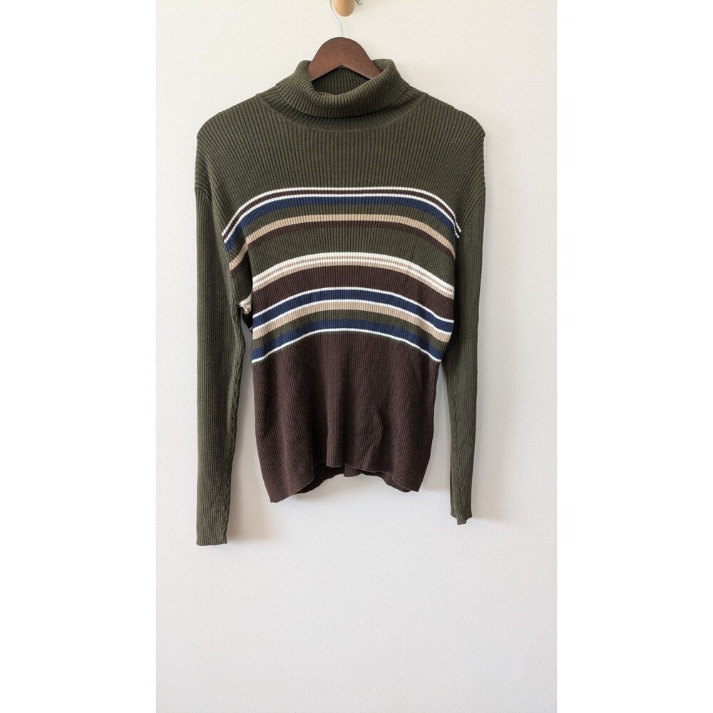 Vtg 90s Womens Turtleneck Sweater L Grunge Ribbed Colorblock Stripe Brown Green